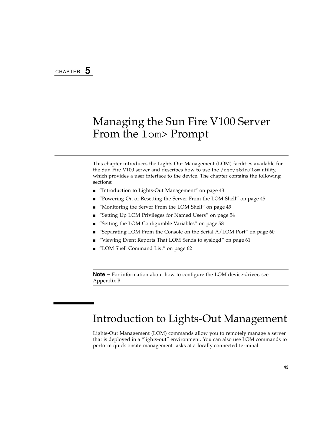 Sun Microsystems manual Managing the Sun Fire V100 Server From the lom Prompt, Introduction to Lights-Out Management 