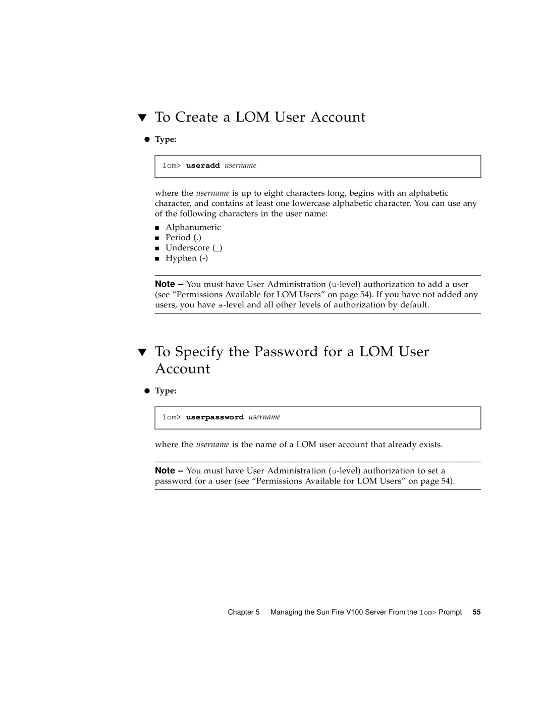 Sun Microsystems Sun Fire V100 manual To Create a LOM User Account, To Specify the Password for a LOM User Account, Type 