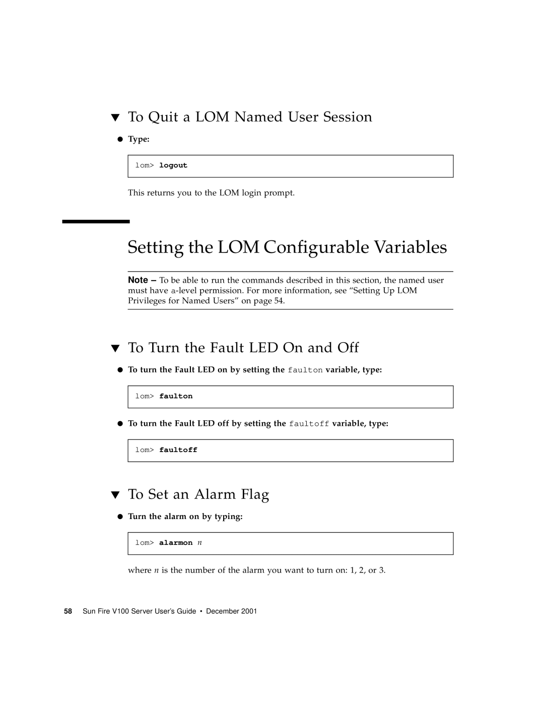 Sun Microsystems Sun Fire V100 manual Setting the LOM Configurable Variables, To Quit a LOM Named User Session, Type 