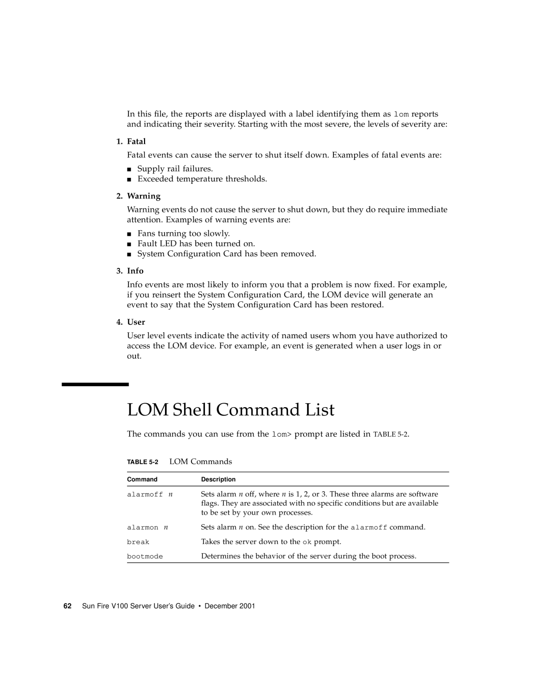 Sun Microsystems Sun Fire V100 manual LOM Shell Command List, Fatal, Warning, Info, User 