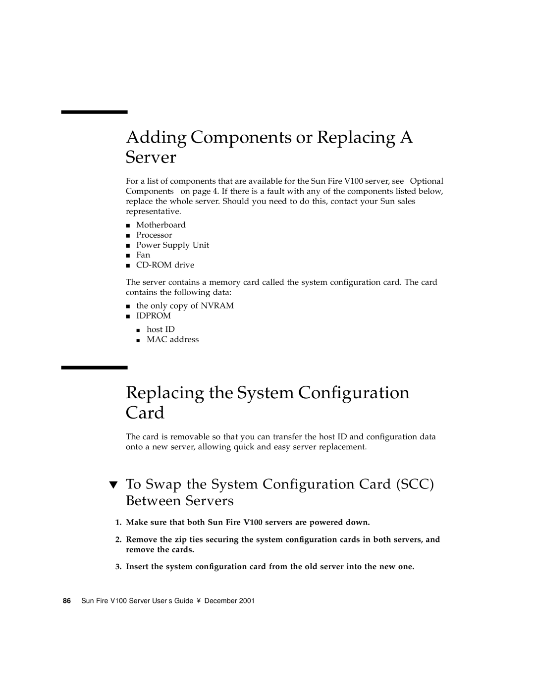 Sun Microsystems Sun Fire V100 manual Adding Components or Replacing a Server, Replacing the System Configuration Card 