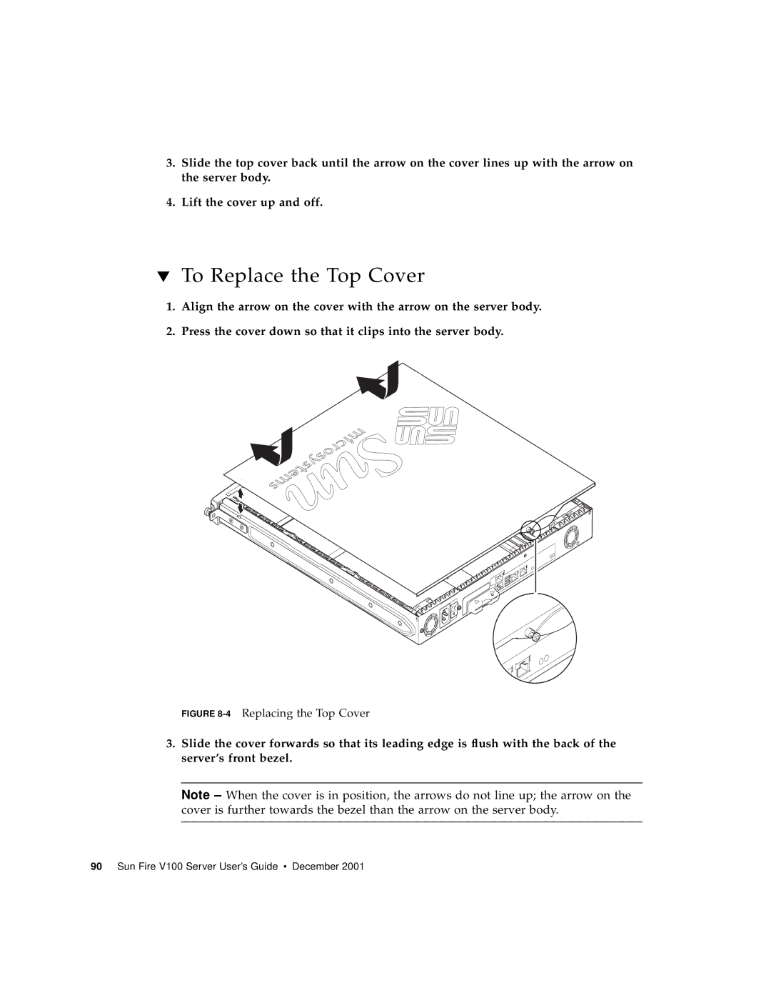 Sun Microsystems Sun Fire V100 manual To Replace the Top Cover, 4Replacing the Top Cover 