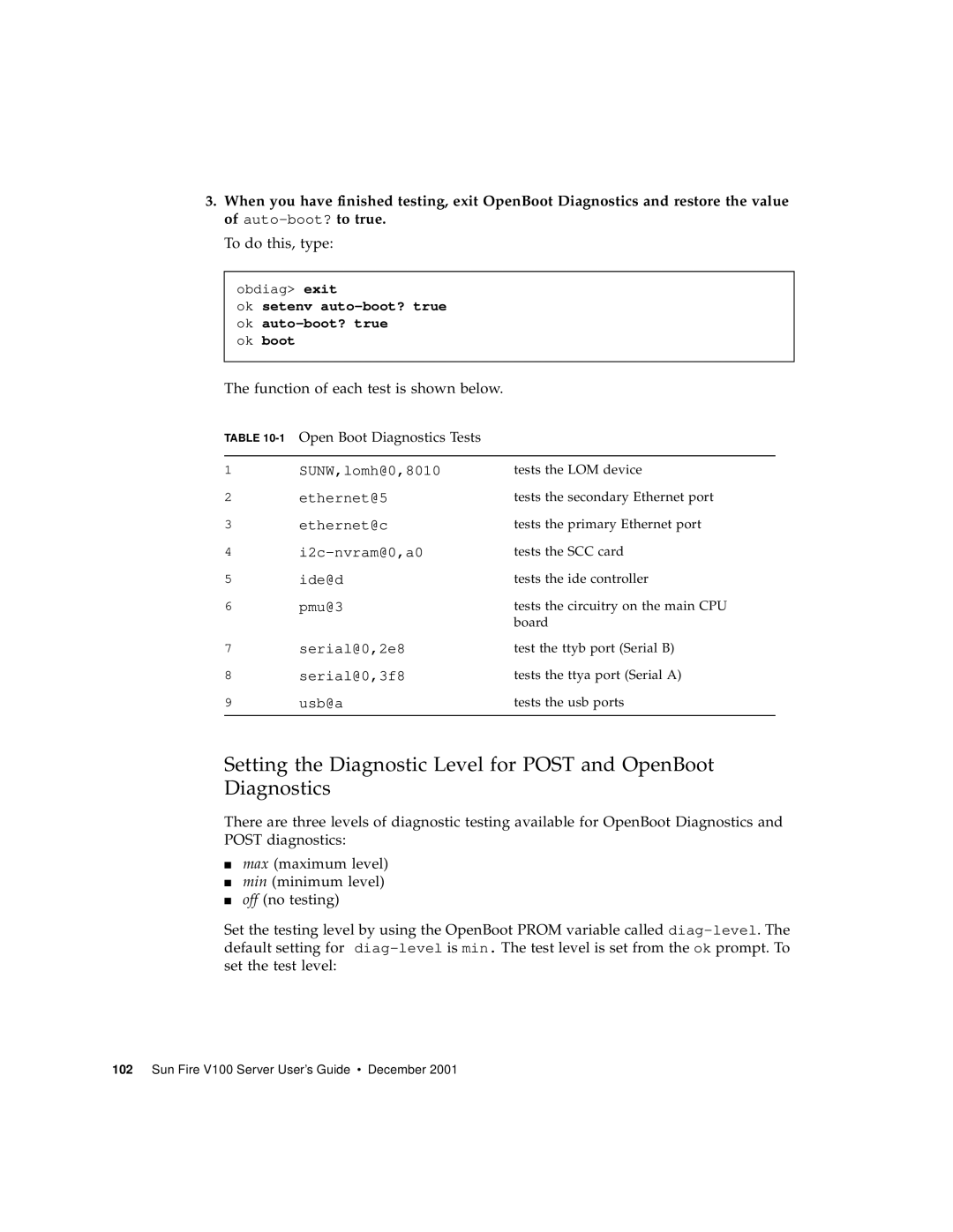 Sun Microsystems Sun Fire V100 manual Function of each test is shown below, 1Open Boot Diagnostics Tests 