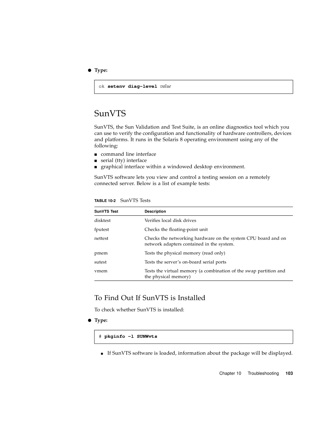 Sun Microsystems Sun Fire V100 manual 2SunVTS Tests 