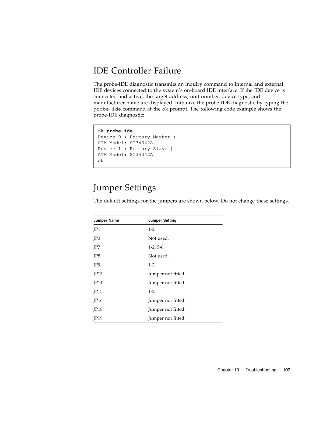 Sun Microsystems Sun Fire V100 manual IDE Controller Failure, Jumper Settings 