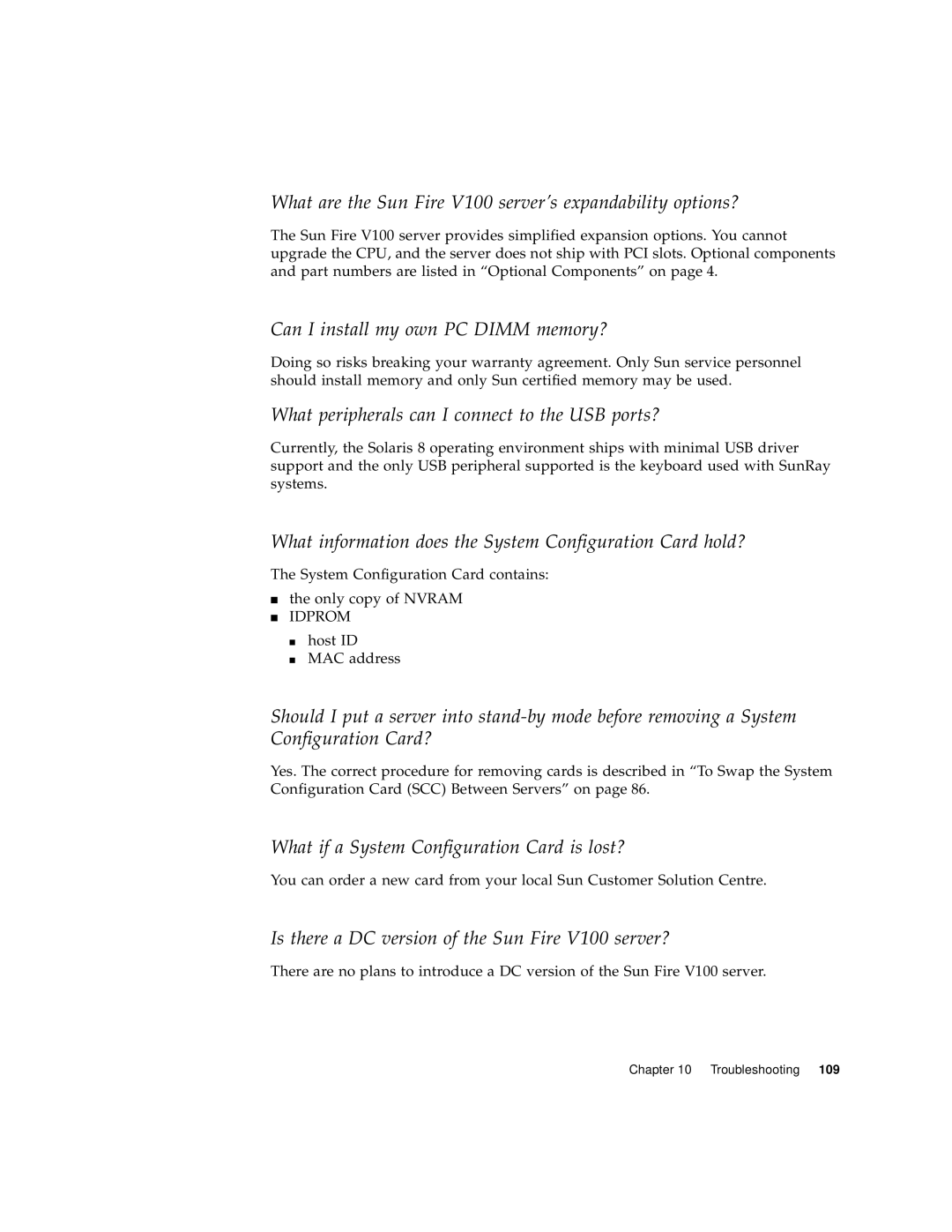 Sun Microsystems Sun Fire V100 manual What information does the System Configuration Card hold? 