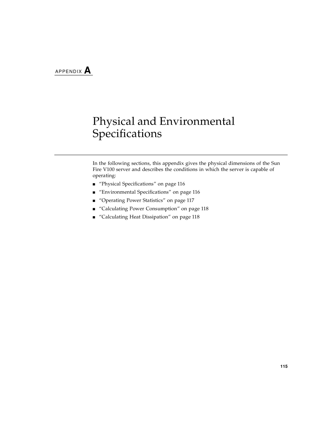 Sun Microsystems Sun Fire V100 manual Physical and Environmental Specifications 