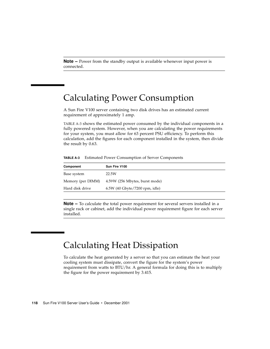 Sun Microsystems Sun Fire V100 manual Calculating Power Consumption, Calculating Heat Dissipation 