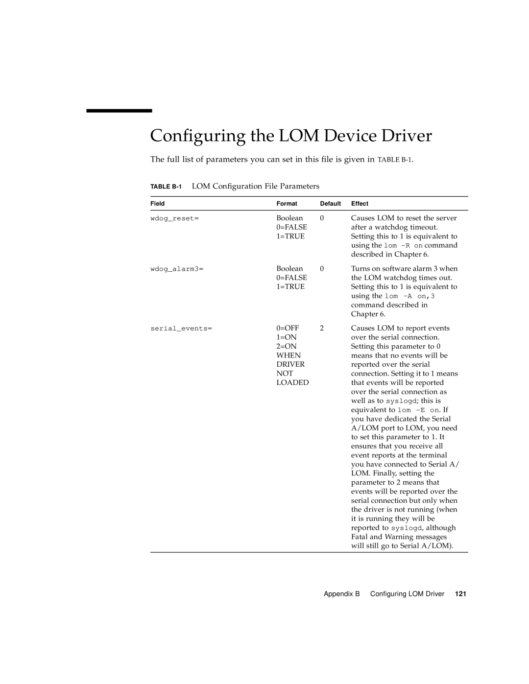 Sun Microsystems Sun Fire V100 manual Configuring the LOM Device Driver, Table B-1LOM Configuration File Parameters 