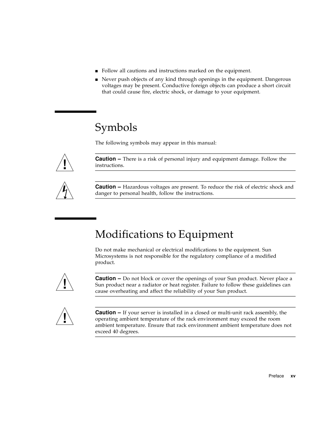 Sun Microsystems Sun Fire V100 manual Symbols, Modifications to Equipment 