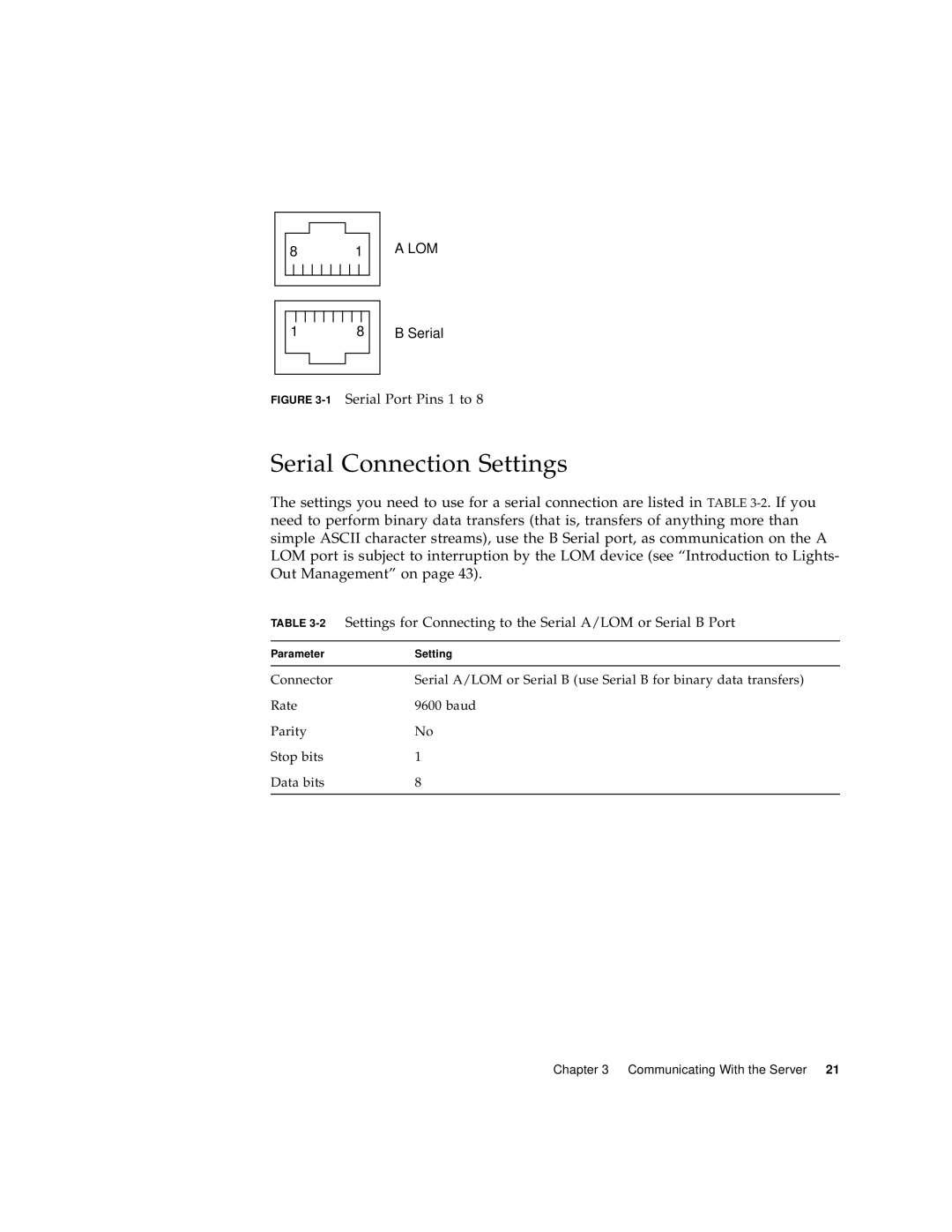 Sun Microsystems Sun Fire V100 manual Serial Connection Settings, 1Serial Port Pins 1 to 