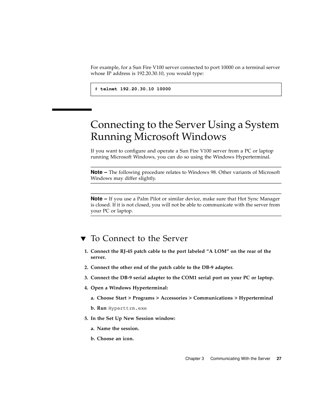 Sun Microsystems Sun Fire V100 manual To Connect to the Server, Set Up New Session window Name the session Choose an icon 