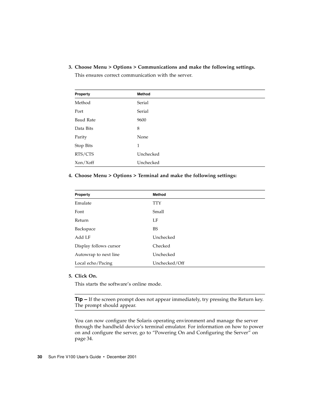 Sun Microsystems Sun Fire V100 manual Choose Menu Options Terminal and make the following settings, Click On 