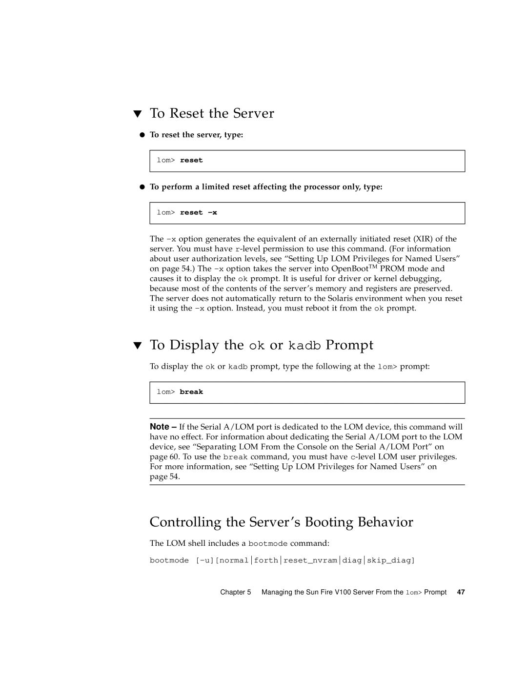 Sun Microsystems Sun Fire V100 manual To Reset the Server, To Display the ok or kadb Prompt, To reset the server, type 