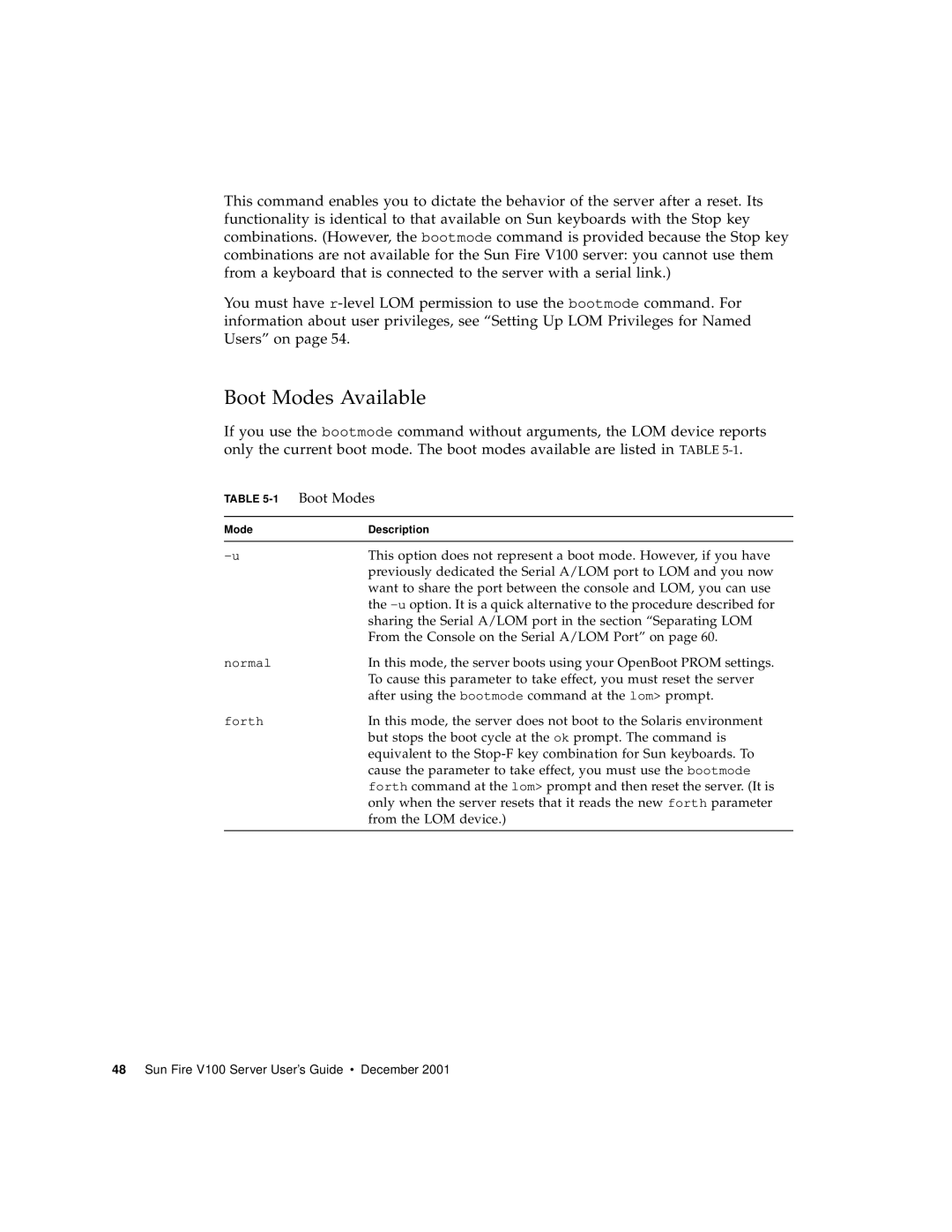 Sun Microsystems Sun Fire V100 manual Boot Modes Available 