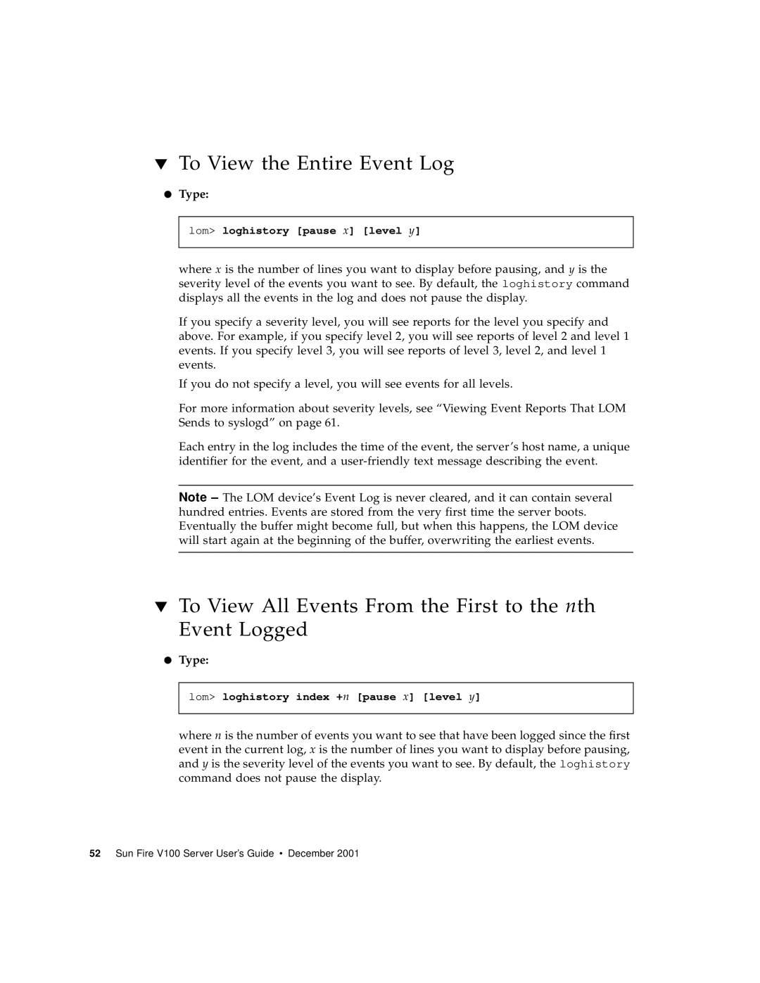 Sun Microsystems Sun Fire V100 To View the Entire Event Log, To View All Events From the First to the nth Event Logged 