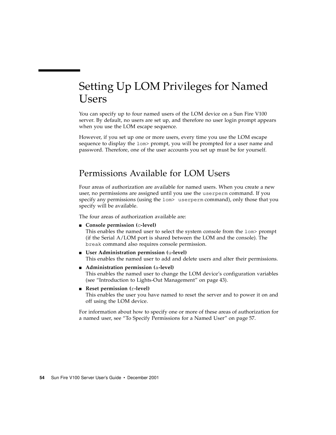 Sun Microsystems Sun Fire V100 manual Setting Up LOM Privileges for Named Users, Permissions Available for LOM Users 