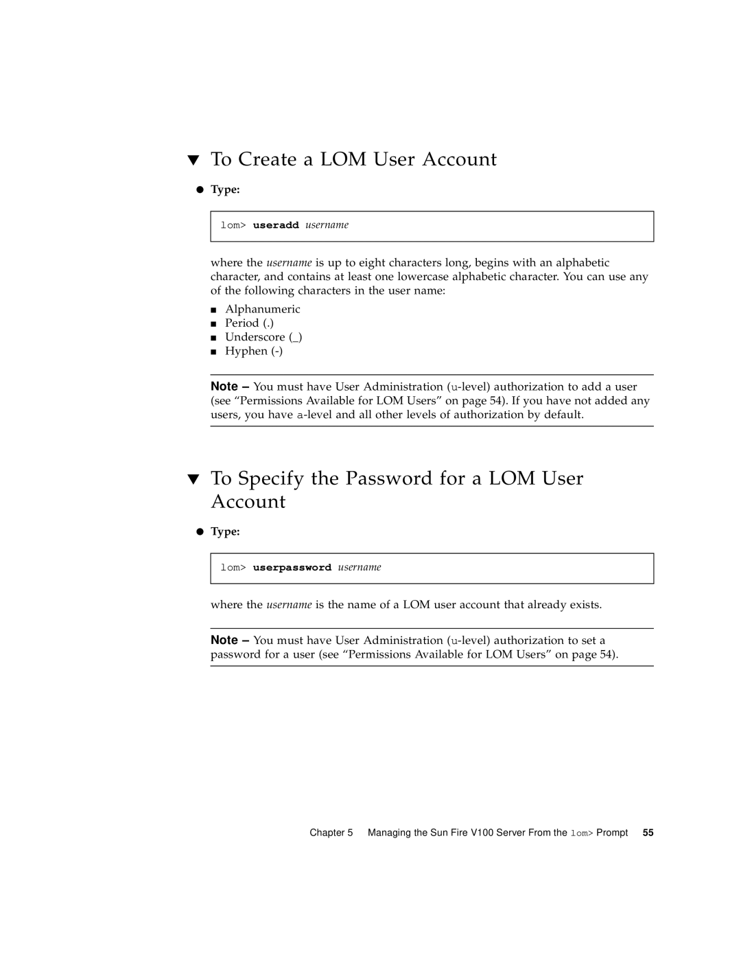 Sun Microsystems Sun Fire V100 manual To Create a LOM User Account, To Specify the Password for a LOM User Account 