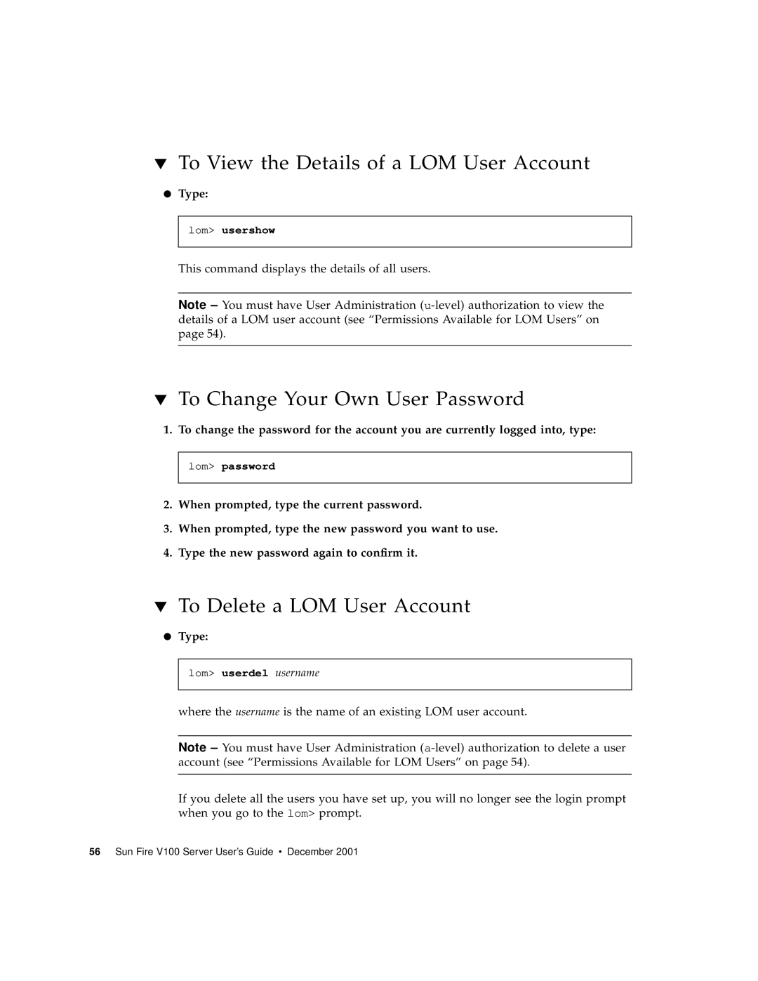 Sun Microsystems Sun Fire V100 manual To View the Details of a LOM User Account, To Change Your Own User Password 