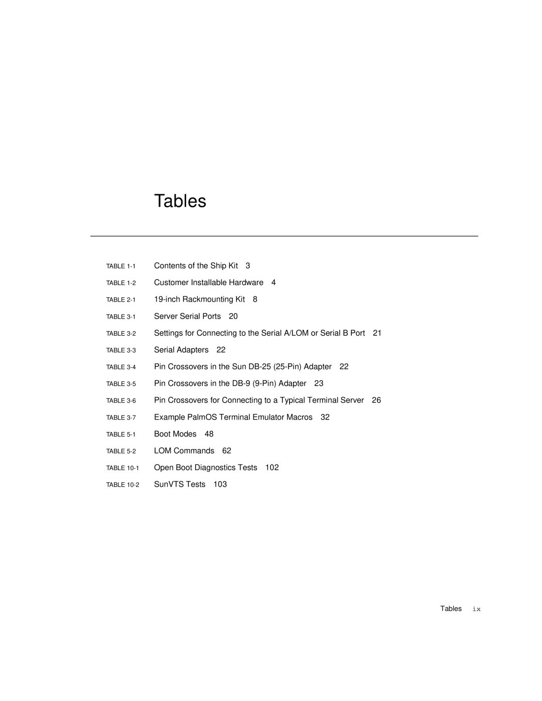 Sun Microsystems Sun Fire V100 manual Tables, 102 