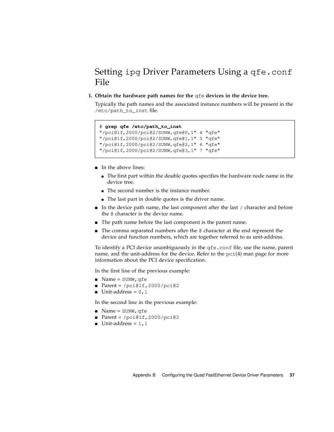 Sun Microsystems Sun Quad manual Setting ipg Driver Parameters Using a qfe.conf File, Etc/pathtoinst file 