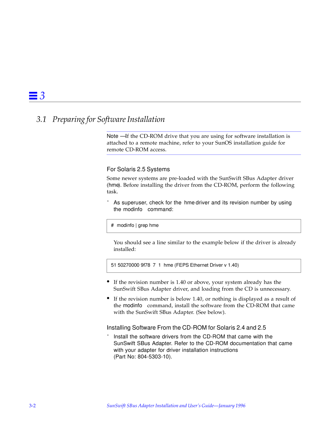 Sun Microsystems SunSwiftTM manual Preparing for Software Installation, For Solaris 2.5 Systems 