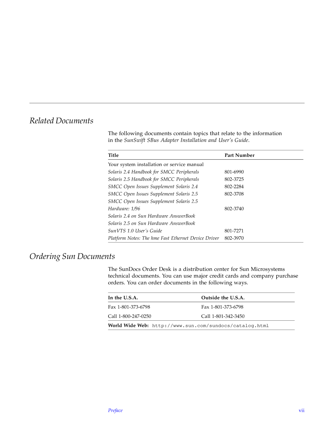 Sun Microsystems SunSwiftTM manual Related Documents, Ordering Sun Documents 