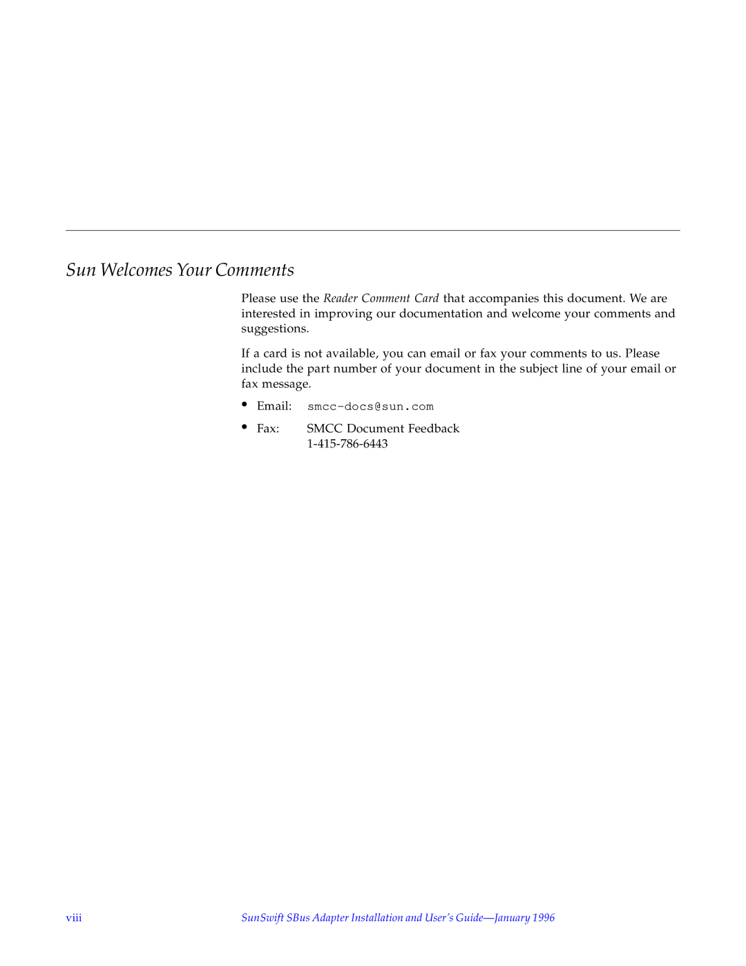 Sun Microsystems SunSwiftTM manual Sun Welcomes Your Comments 