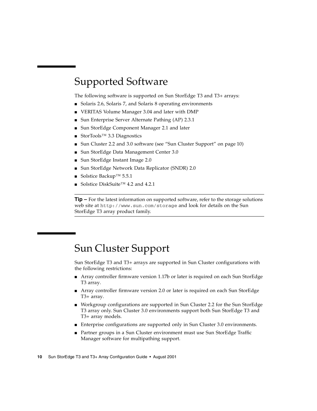 Sun Microsystems T3 manual Supported Software, Sun Cluster Support 