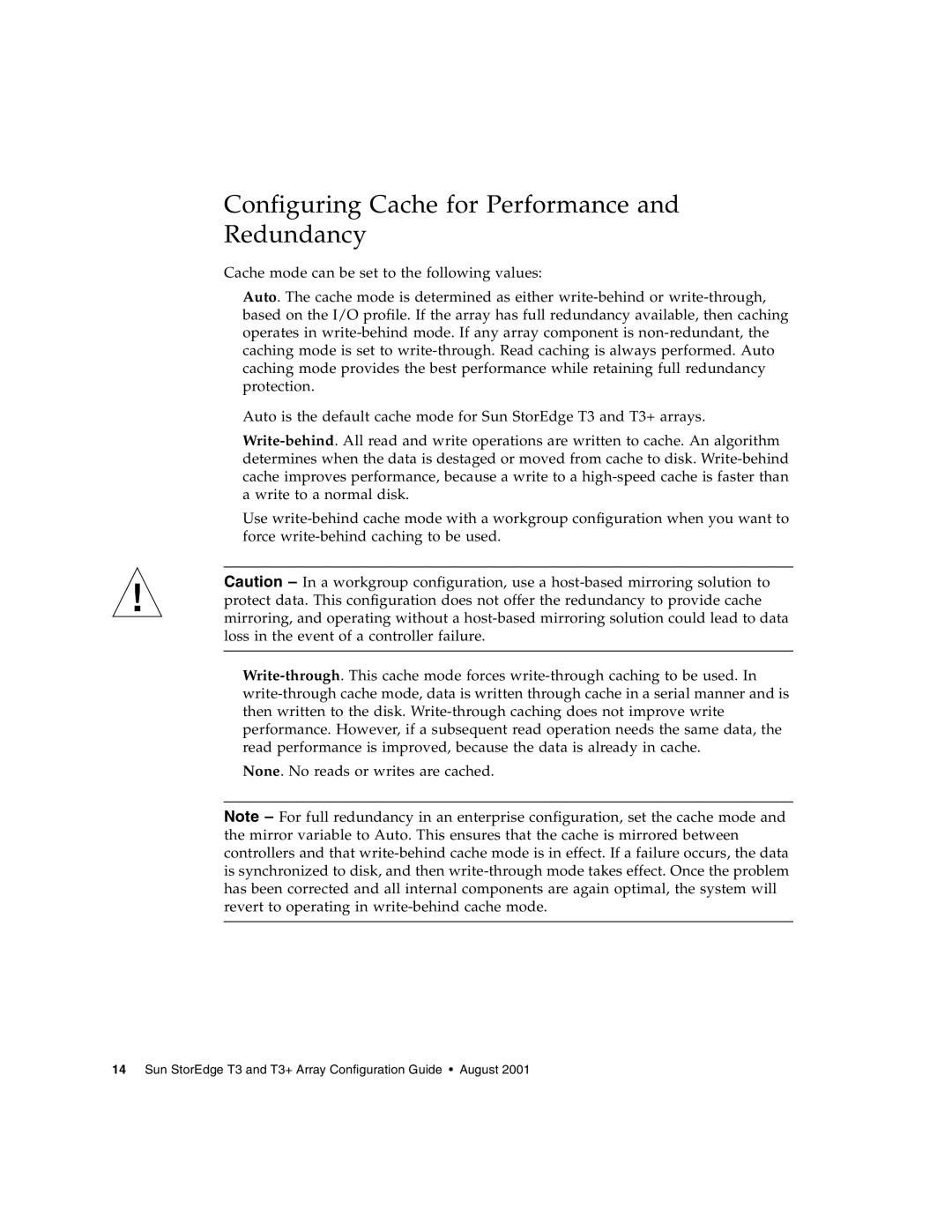 Sun Microsystems T3 manual Configuring Cache for Performance and Redundancy 