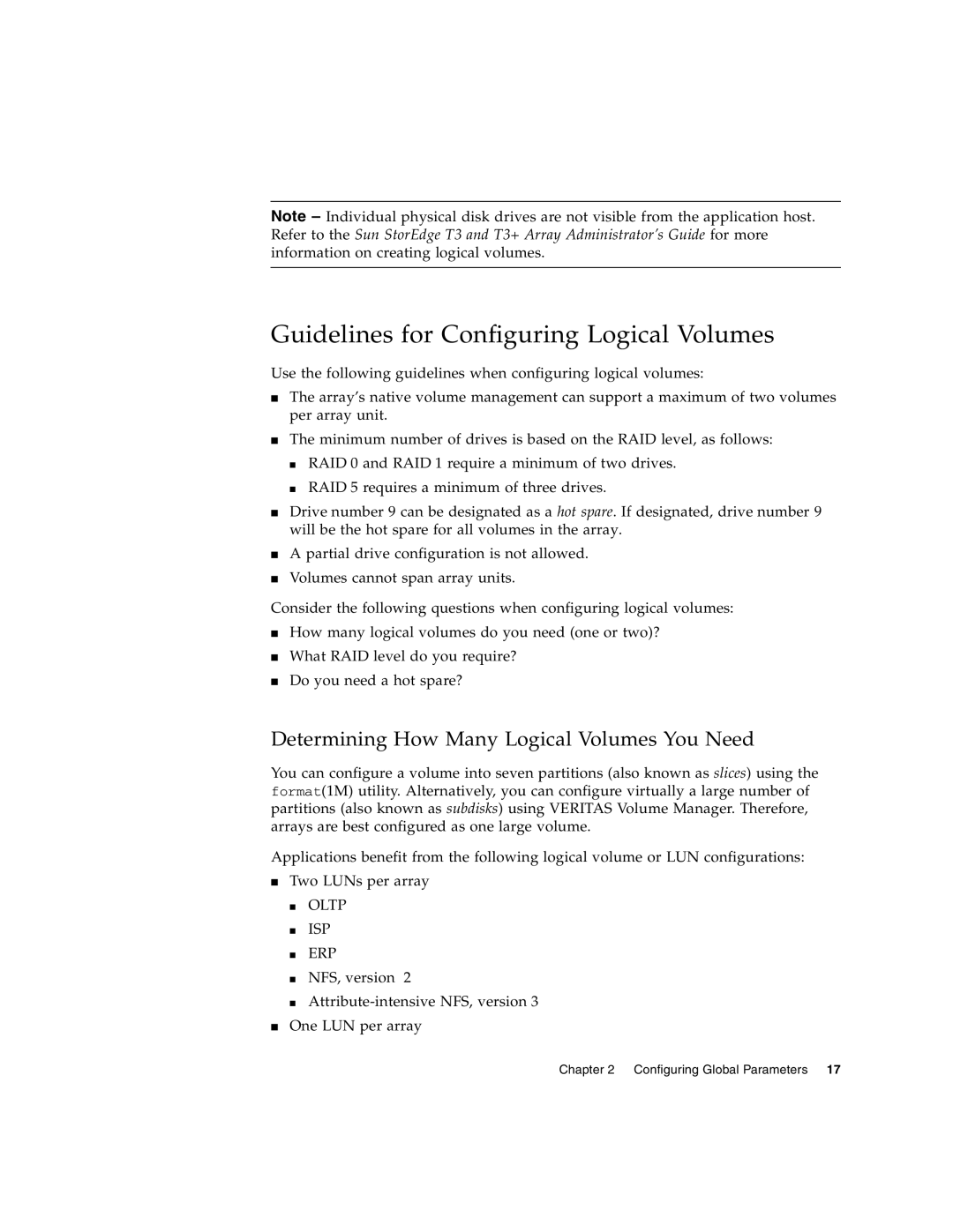 Sun Microsystems T3 manual Guidelines for Configuring Logical Volumes, Determining How Many Logical Volumes You Need 