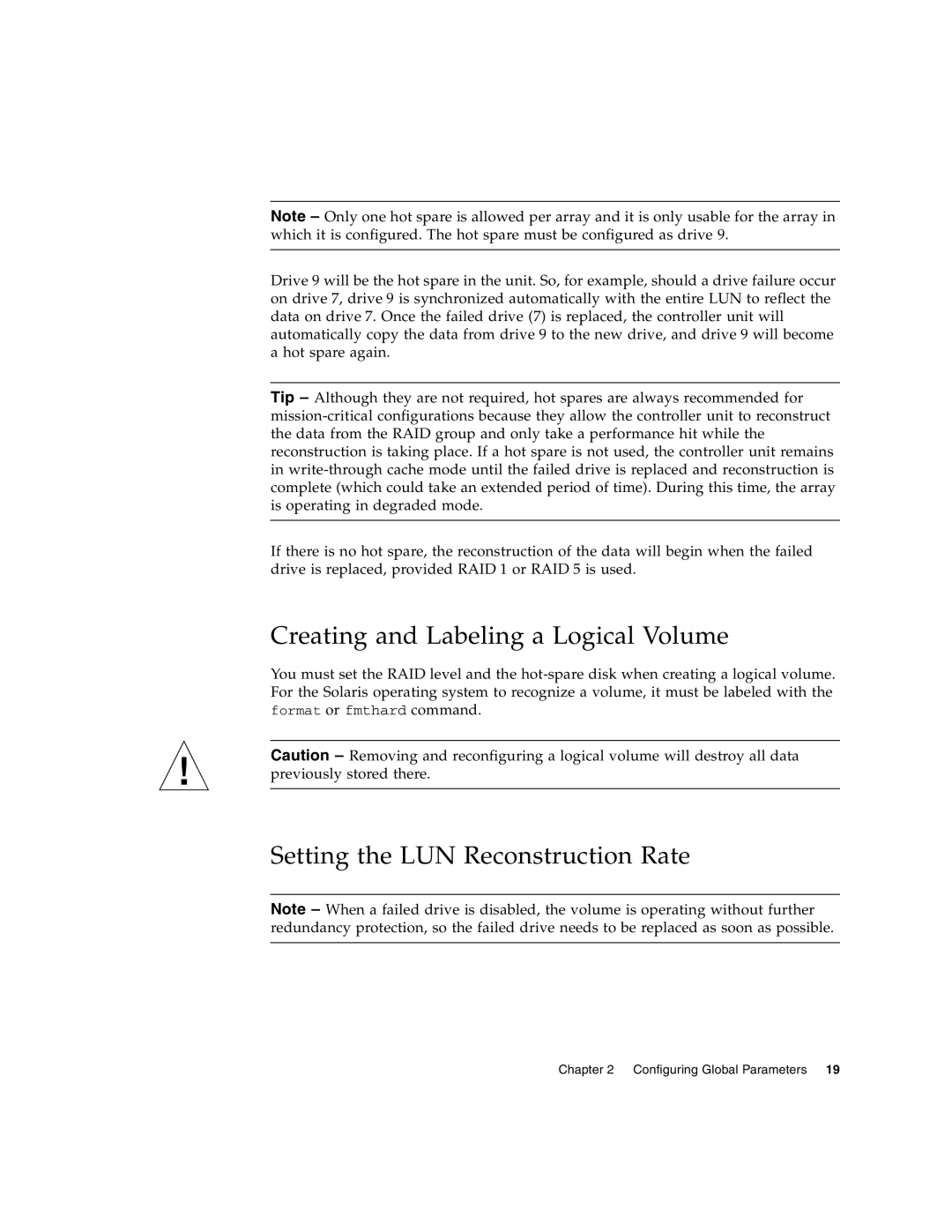 Sun Microsystems T3 manual Creating and Labeling a Logical Volume, Setting the LUN Reconstruction Rate 