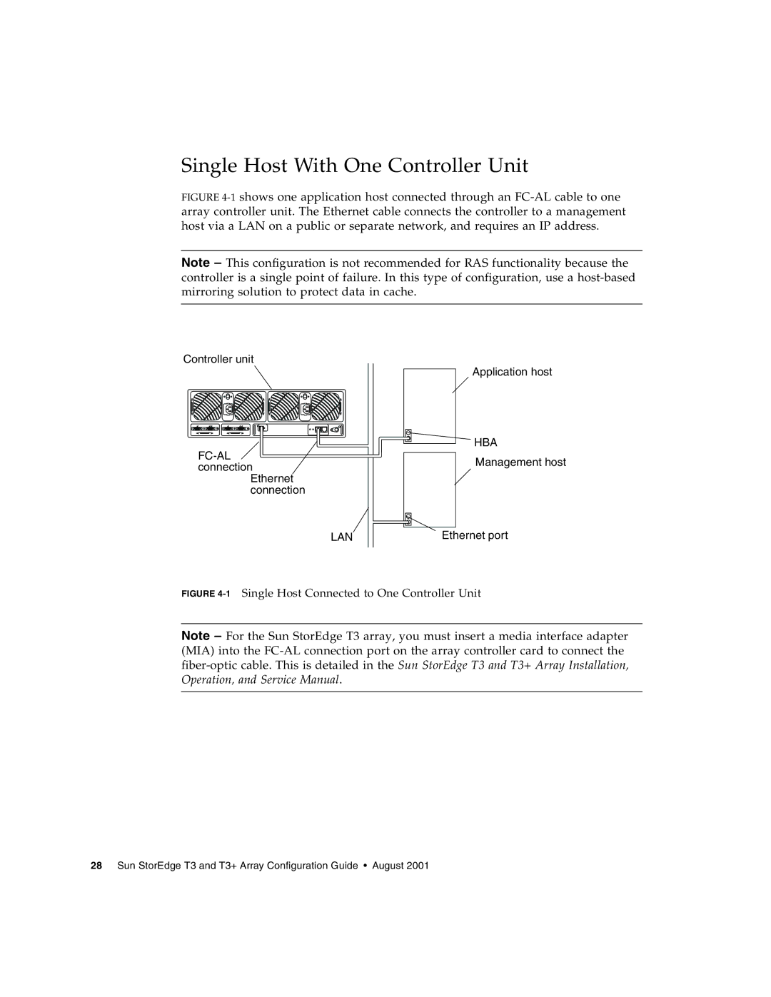 Sun Microsystems T3 manual Single Host With One Controller Unit, 1Single Host Connected to One Controller Unit 