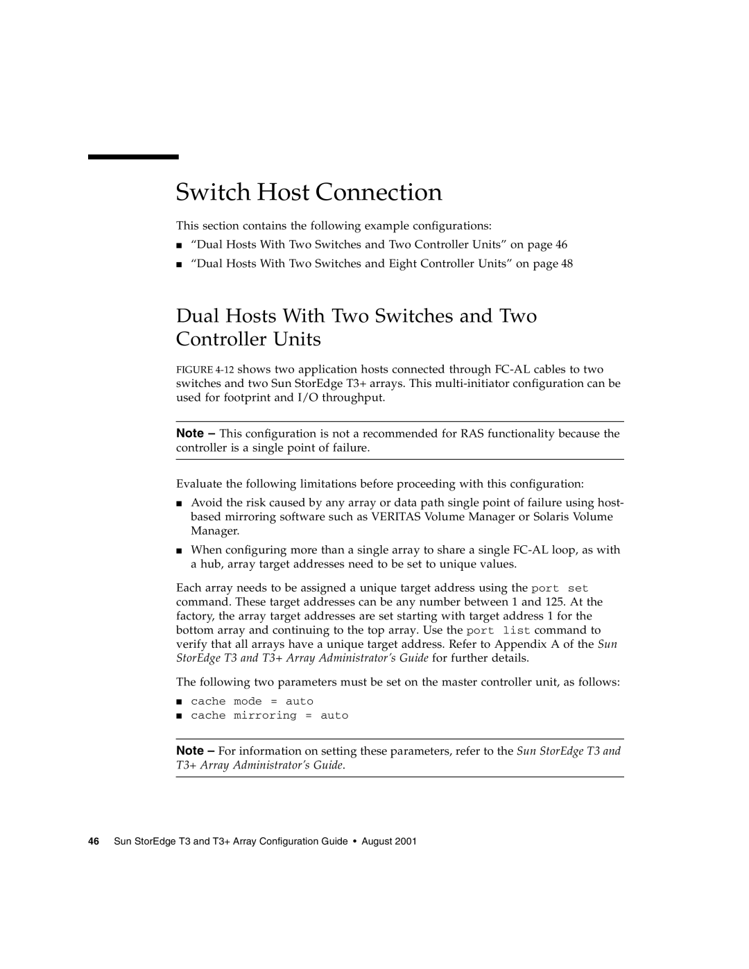 Sun Microsystems T3 manual Switch Host Connection, Dual Hosts With Two Switches and Two Controller Units 