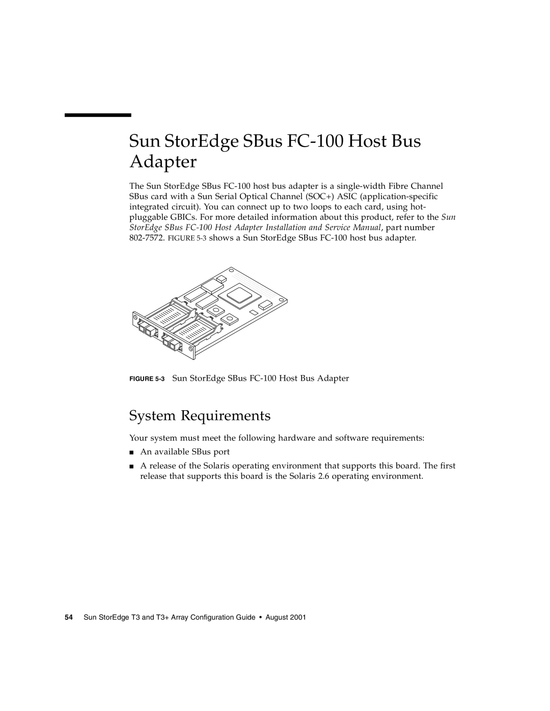 Sun Microsystems T3 manual 3Sun StorEdge SBus FC-100 Host Bus Adapter 