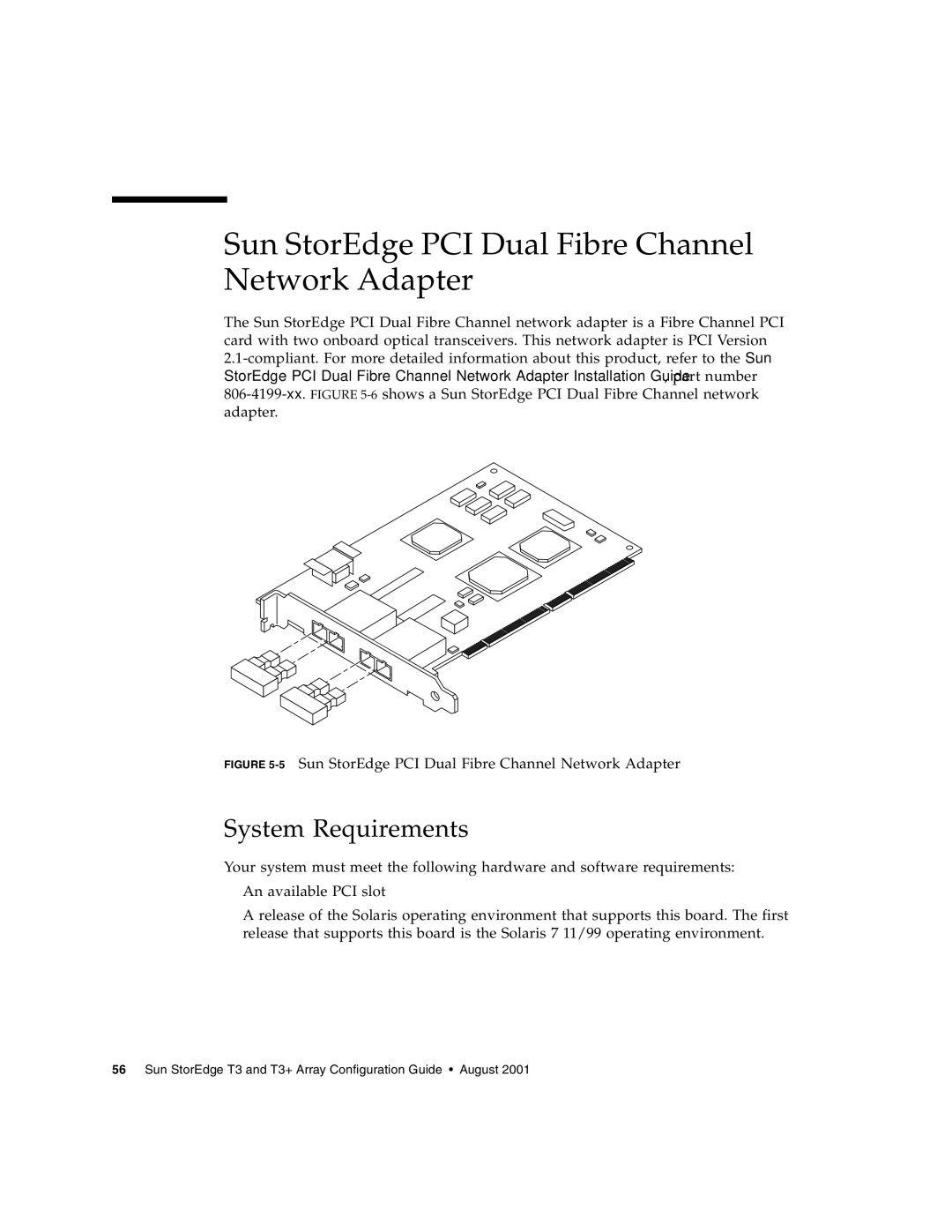 Sun Microsystems T3 manual Sun StorEdge PCI Dual Fibre Channel Network Adapter 