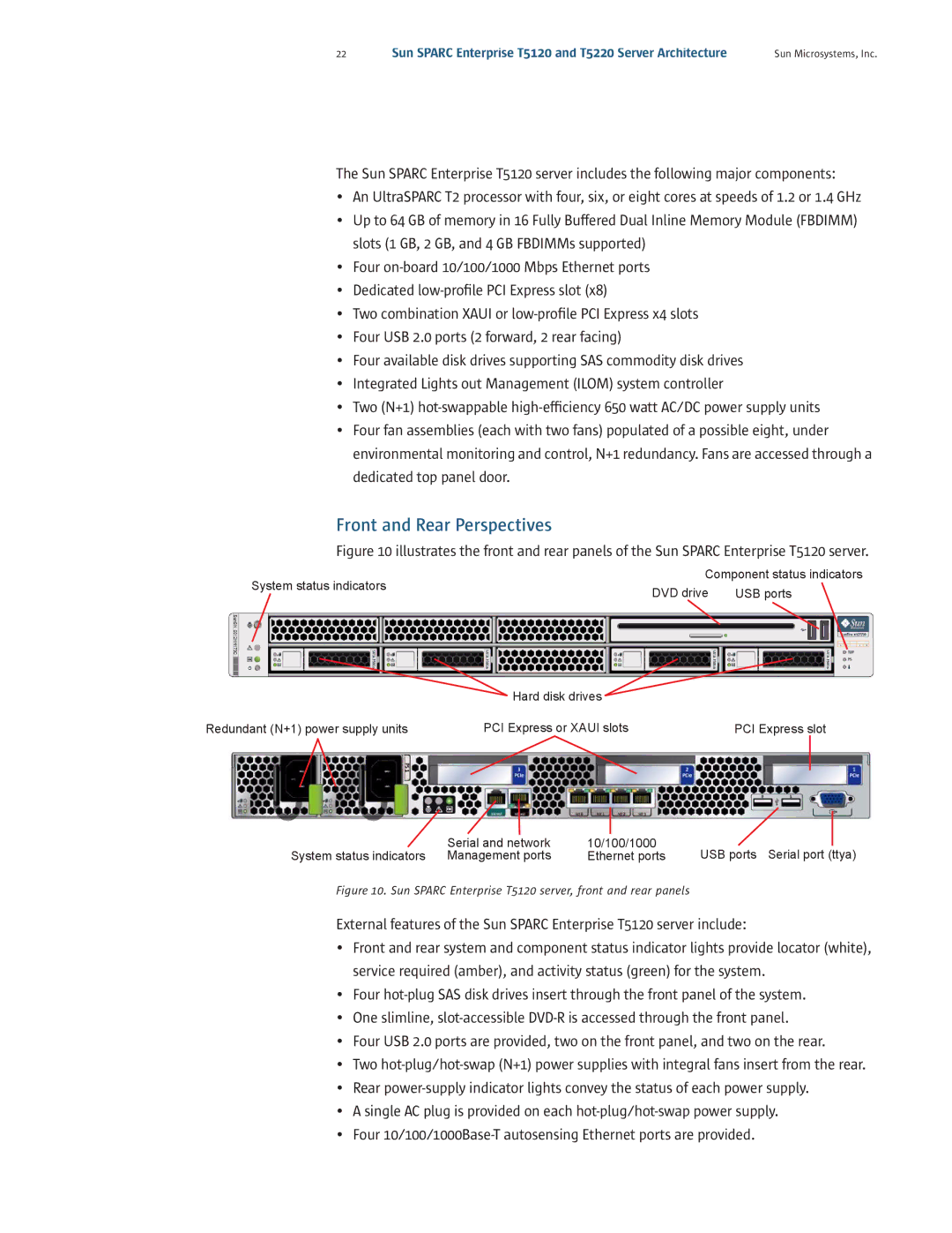 Sun Microsystems T5220 manual Front and Rear Perspectives, Sun Sparc Enterprise T5120 server, front and rear panels 