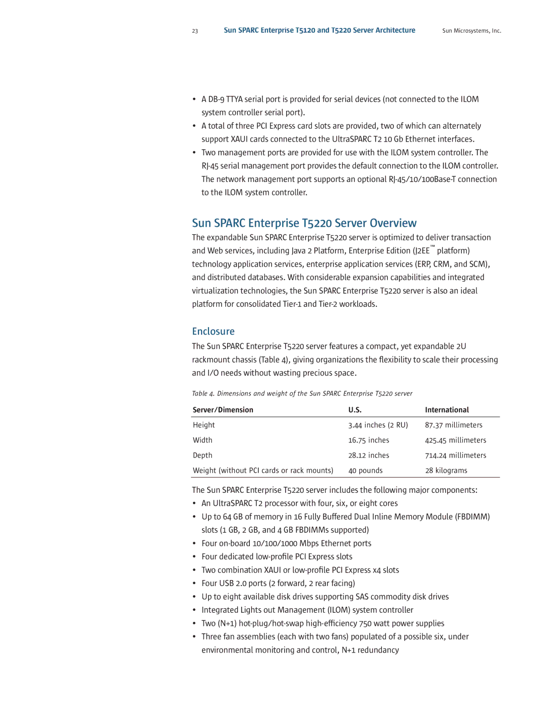 Sun Microsystems T5120 manual Sun Sparc Enterprise T5220 Server Overview 