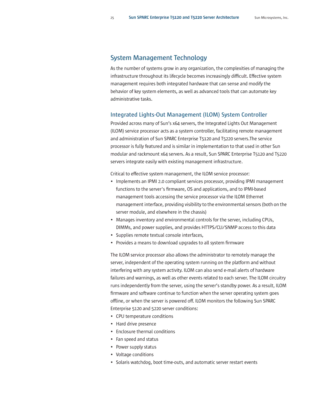 Sun Microsystems T5220, T5120 manual System Management Technology, Integrated Lights-Out Management Ilom System Controller 