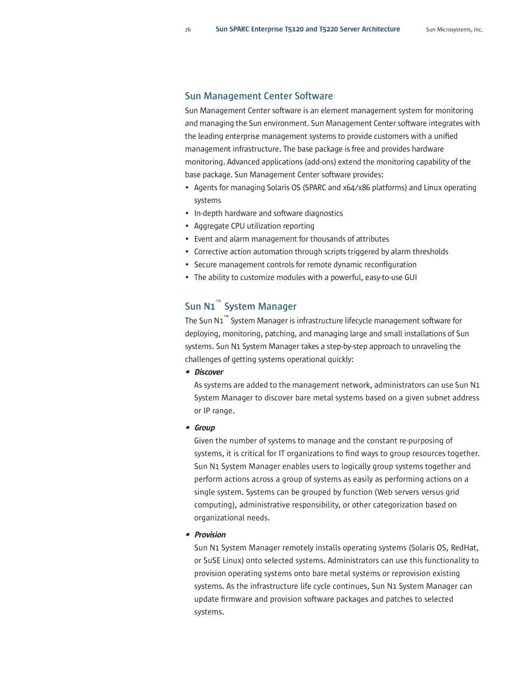 Sun Microsystems T5120, T5220 manual Sun Management Center Software, Sun N1 System Manager, Discover, Group, Provision 