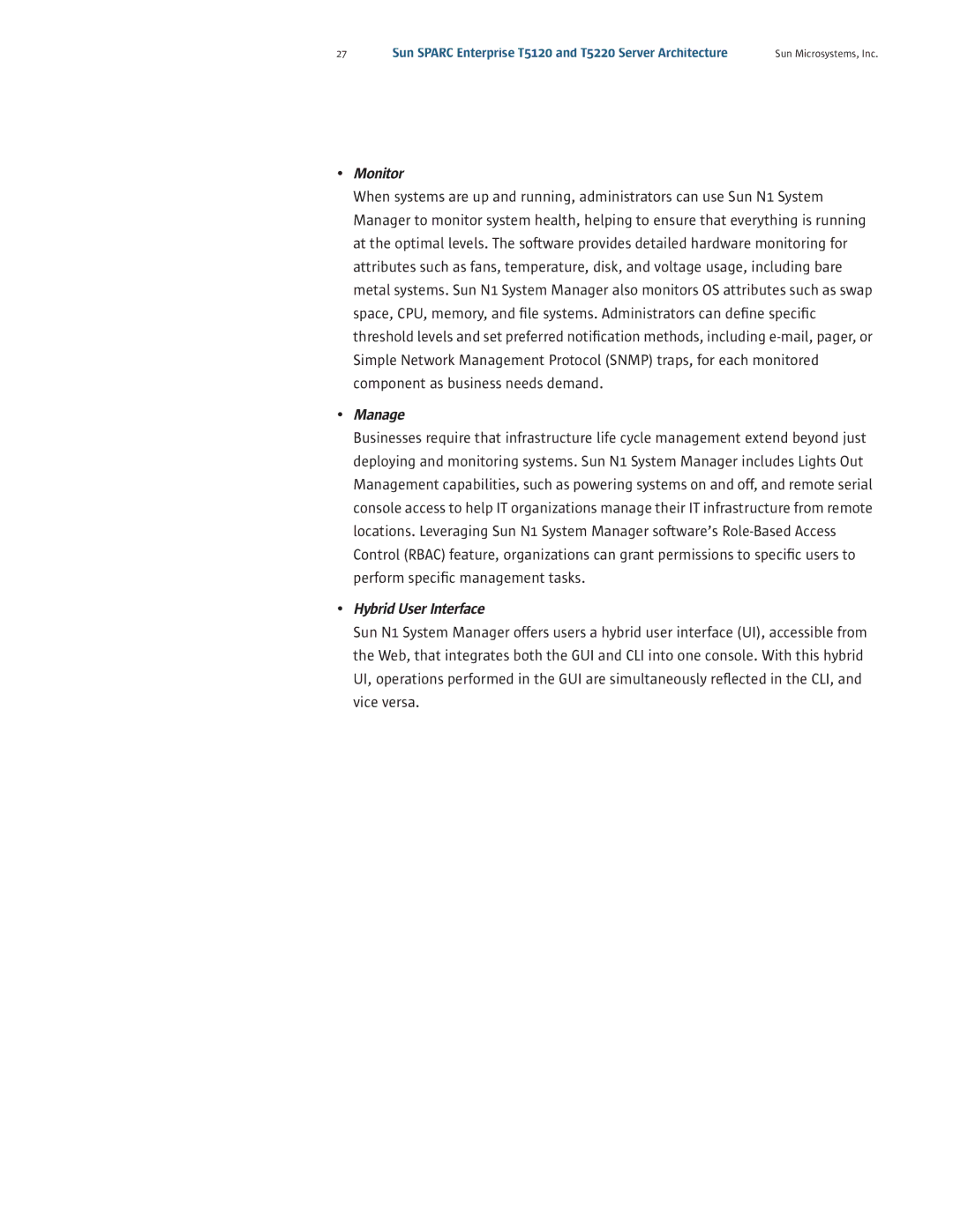 Sun Microsystems T5220, T5120 manual Monitor, Manage, Hybrid User Interface 