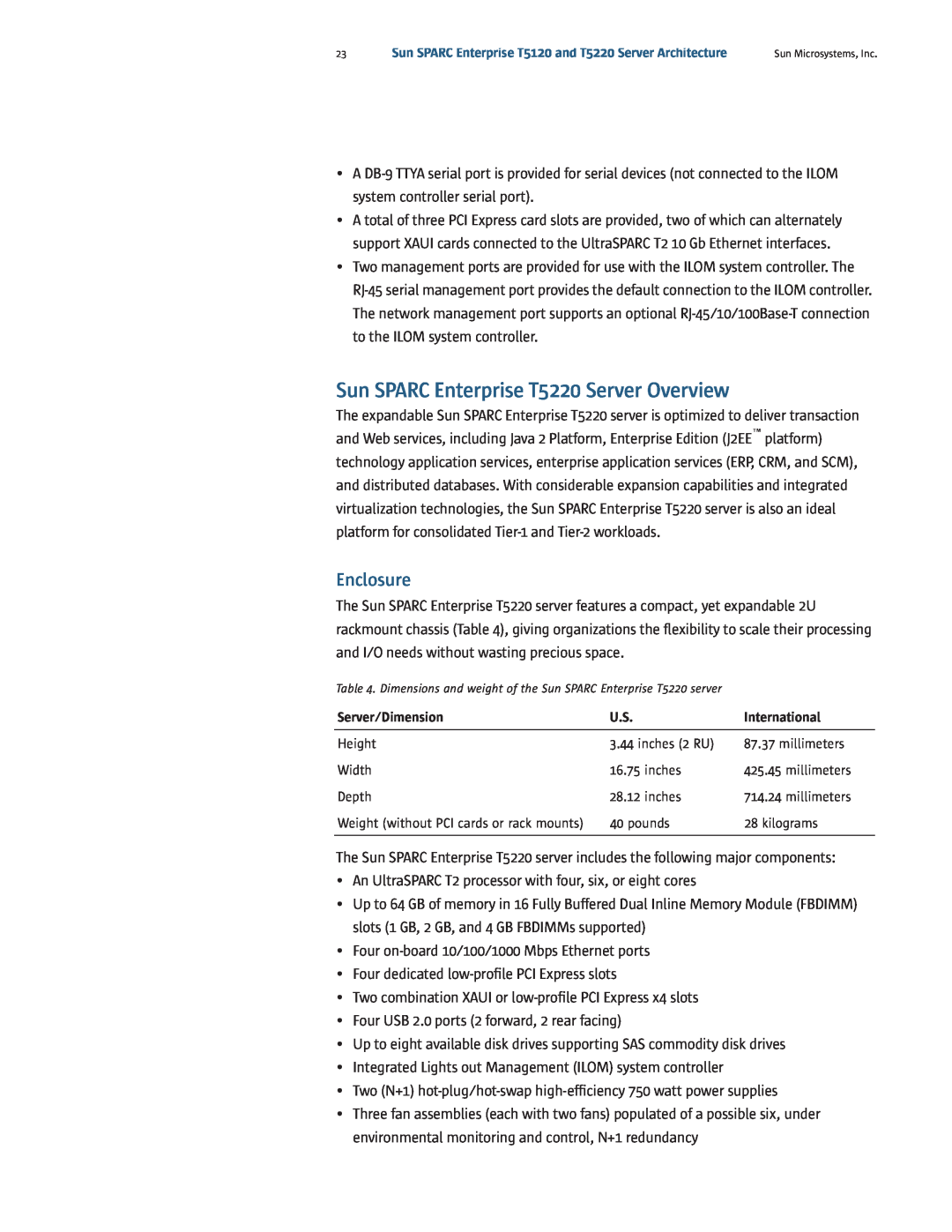 Sun Microsystems T5120 manual Sun SPARC Enterprise T5220 Server Overview, Enclosure 