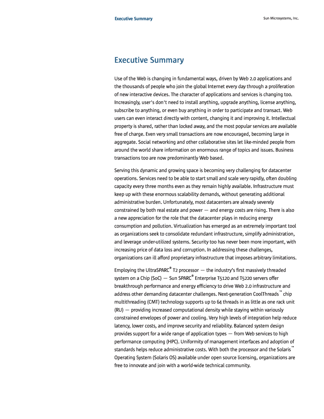 Sun Microsystems T5220, T5120 manual Executive Summary 