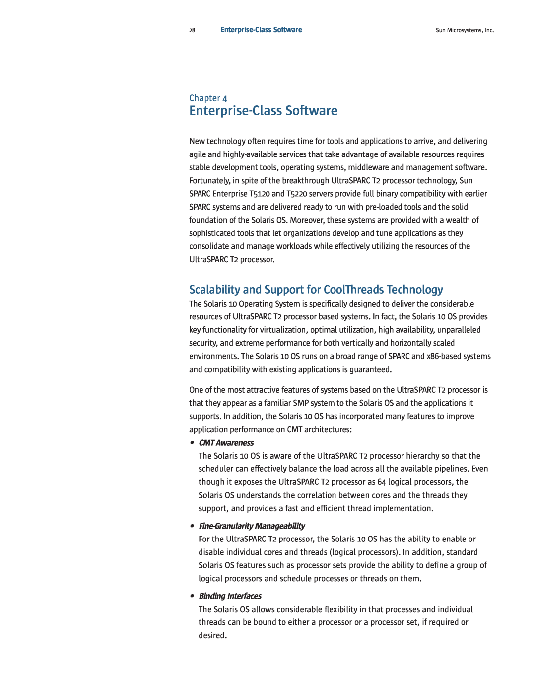 Sun Microsystems T5120, T5220 Enterprise-Class Software, Scalability and Support for CoolThreads Technology, CMT Awareness 