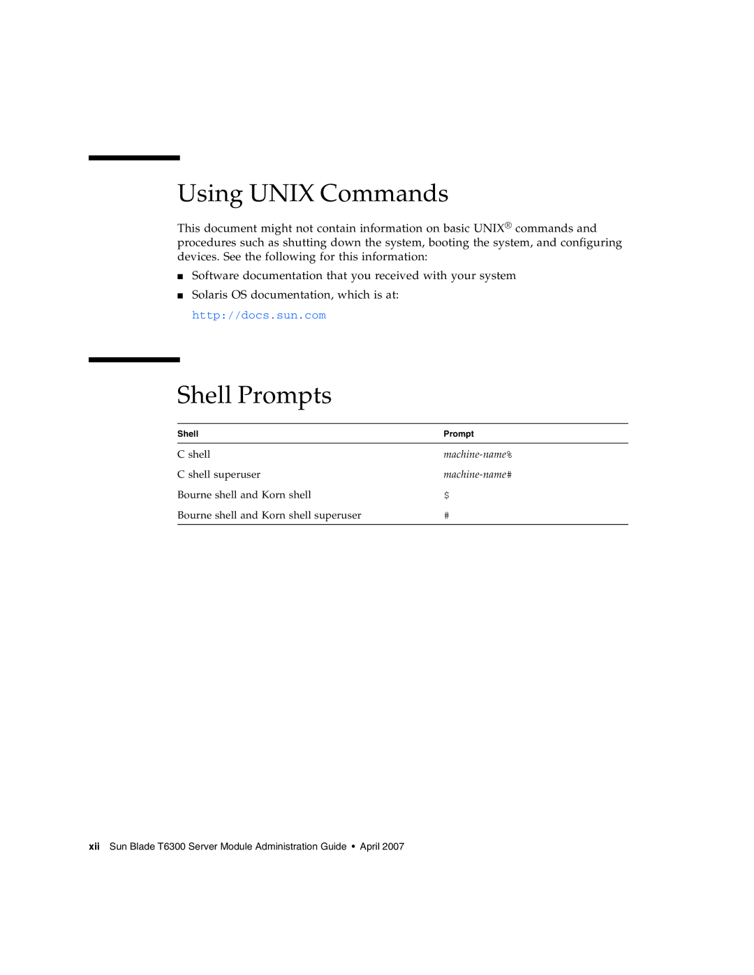 Sun Microsystems T6300 manual Using Unix Commands, Shell Prompts 