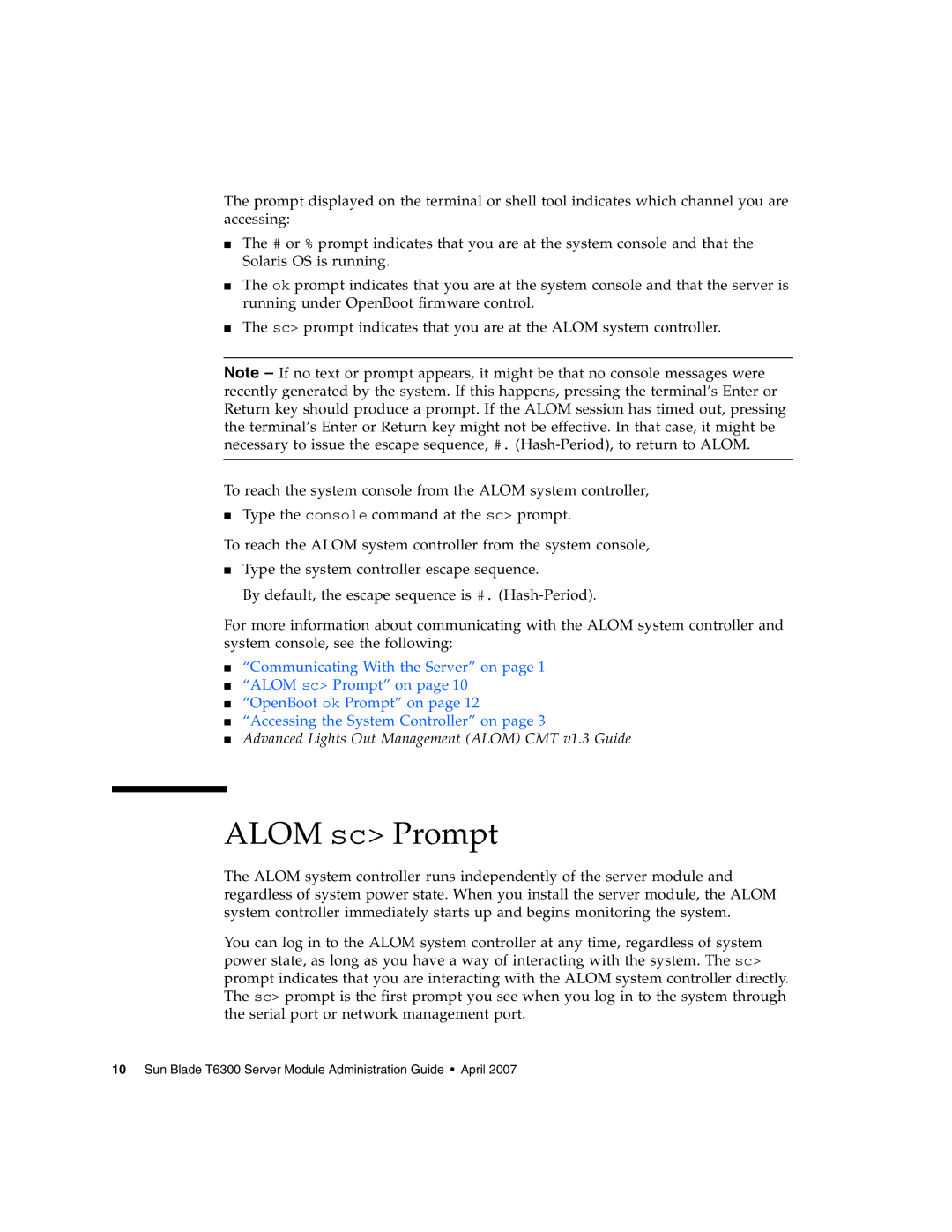 Sun Microsystems T6300 manual Alom sc Prompt 