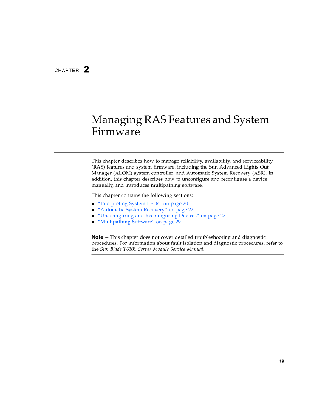 Sun Microsystems T6300 manual Managing RAS Features and System Firmware 