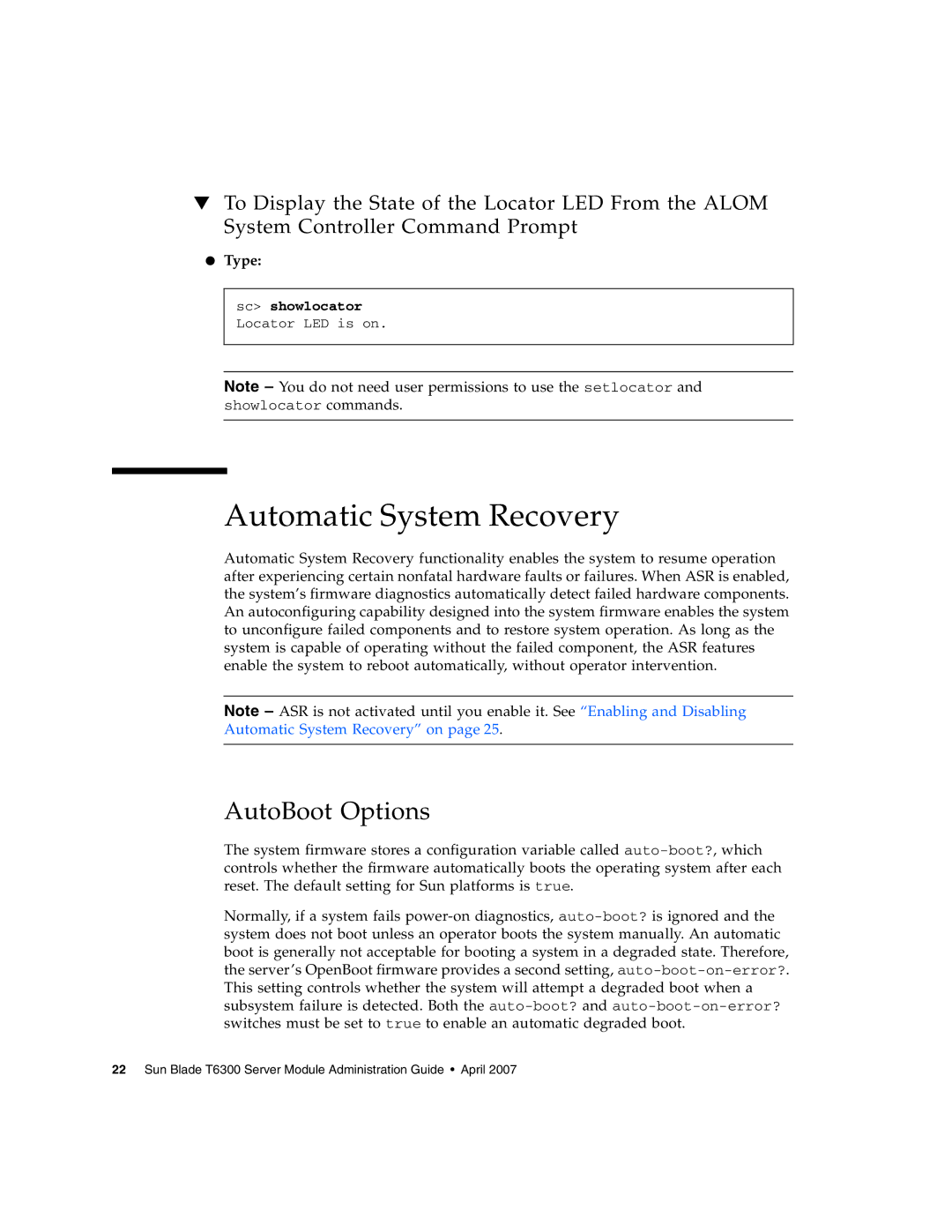 Sun Microsystems T6300 manual Automatic System Recovery, AutoBoot Options 