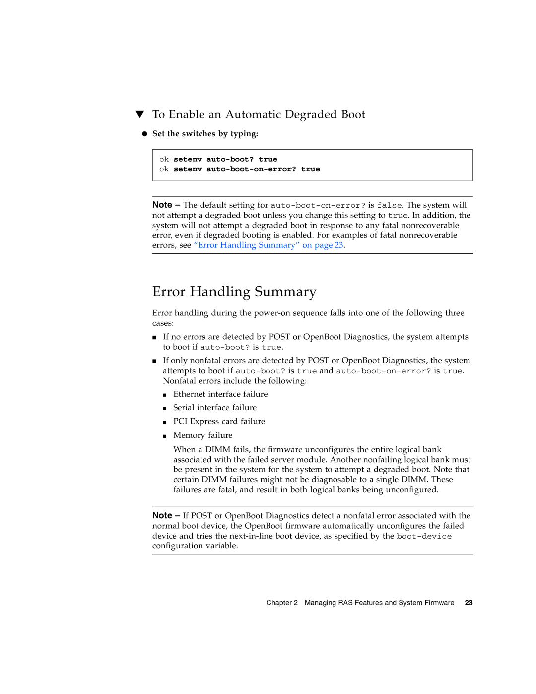 Sun Microsystems T6300 manual Error Handling Summary, To Enable an Automatic Degraded Boot, Set the switches by typing 