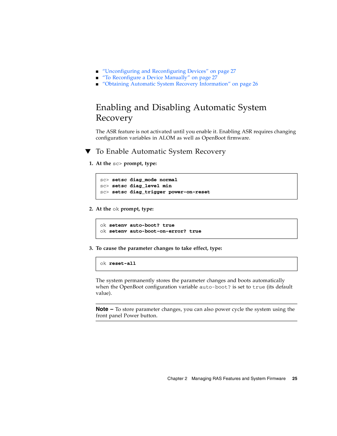 Sun Microsystems T6300 manual Enabling and Disabling Automatic System Recovery, To Enable Automatic System Recovery 